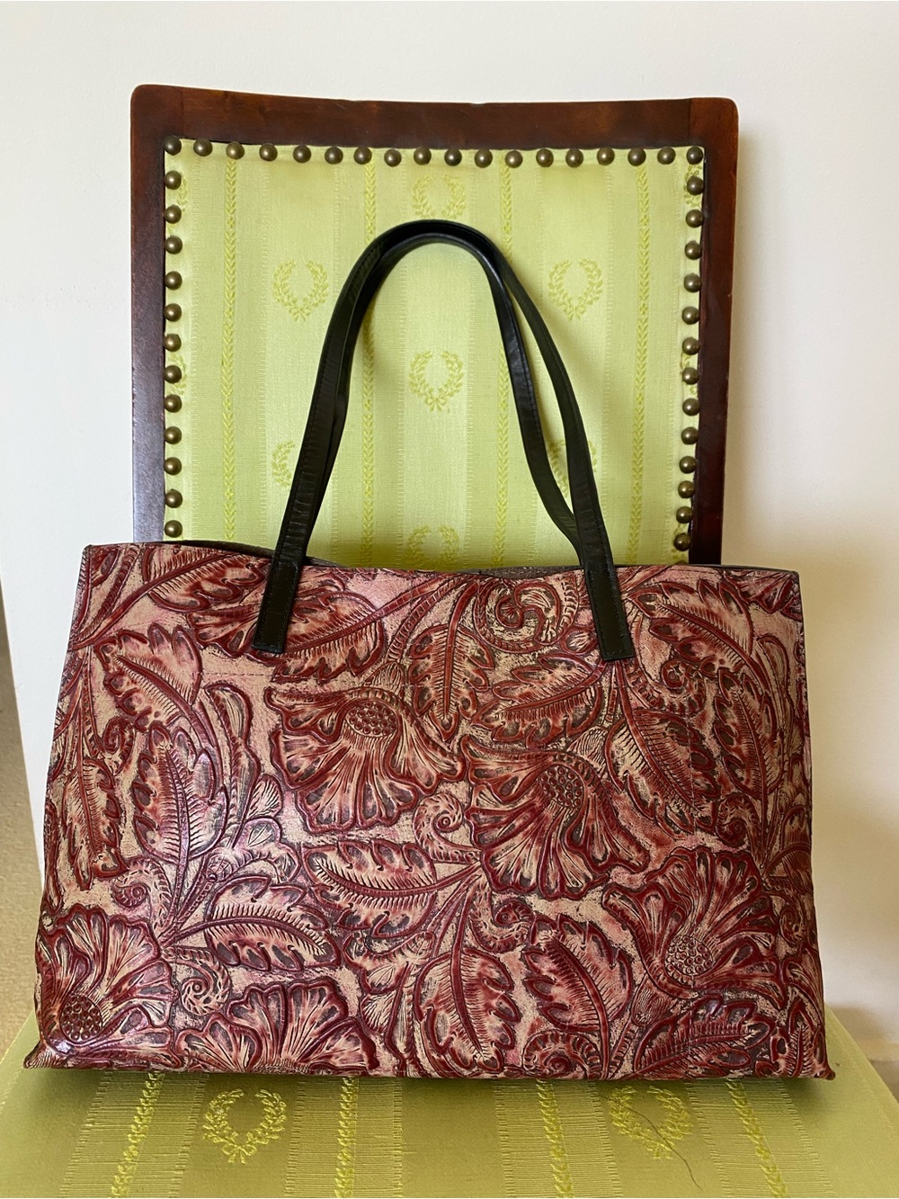 B May Western Floral Embossed Tooled Leather Tote Bag Maroon Oxblood Boho Rustic